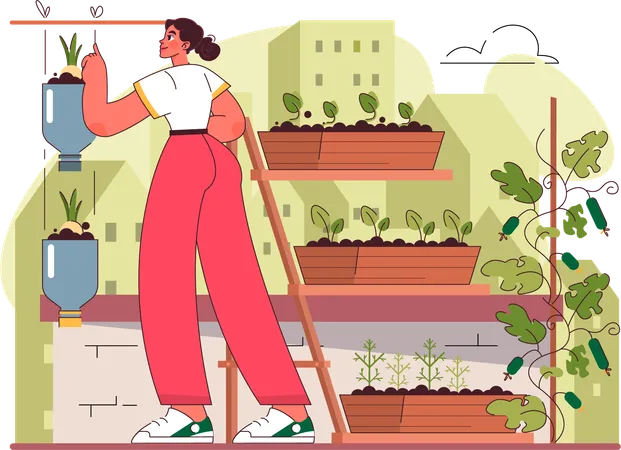Woman growing indoor plants  Illustration