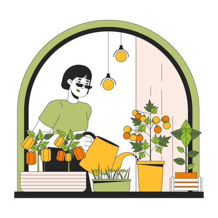 Woman Growing indoor veggies in windowsill  イラスト
