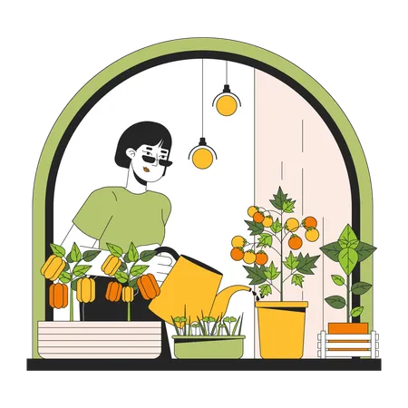 Growing Indoor Veggies Windowsill Line Cartoon Flat Illustration Asian Woman 2 D Lineart Character Isolated On White Background Reduce Electricity Usage Saving Energy Home Scene Vector Color Image Illustration