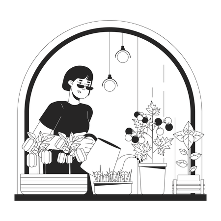 Woman Growing indoor veggies in windowsill  イラスト