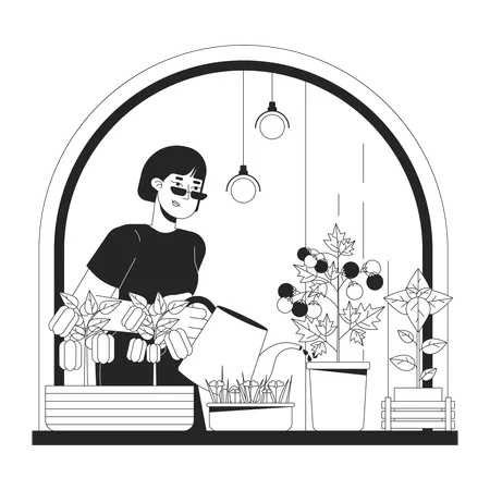 Growing Indoor Veggies Windowsill Black And White Cartoon Flat Illustration Asian Woman 2 D Lineart Character Isolated Reduce Electricity Usage Saving Energy Home Monochrome Vector Outline Image Illustration