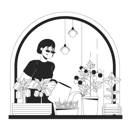 Woman Growing indoor veggies in windowsill  Illustration