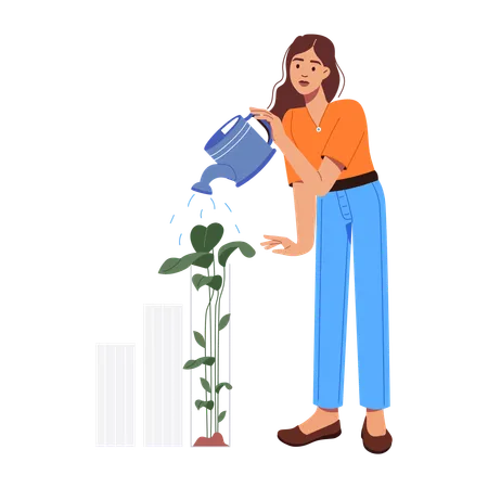 Woman Growing Investment Plant  Illustration