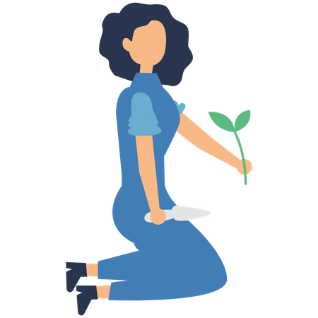 Woman growing plant sapling Illustration