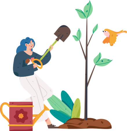 Woman growing trees new plants in garden  Illustration