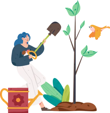 Woman growing trees new plants in garden  Illustration