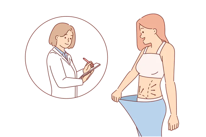 Woman had liposuction at plastic surgery clinic demonstrates result to rehabilitation doctor  Illustration