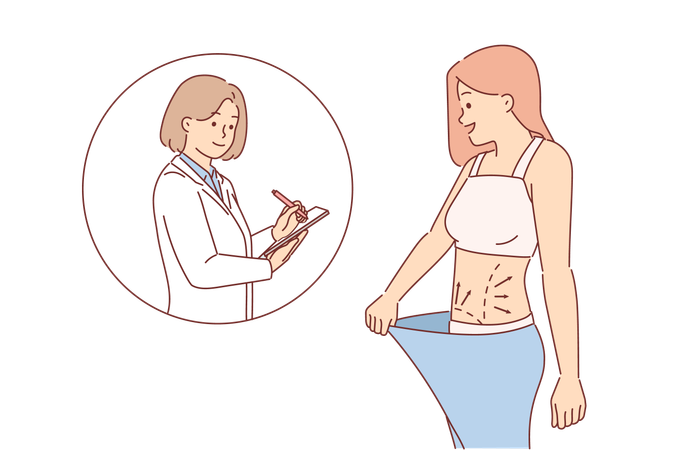 Woman had liposuction at plastic surgery clinic demonstrates result to rehabilitation doctor  Illustration