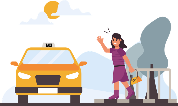 Woman Hailing Taxi  Illustration