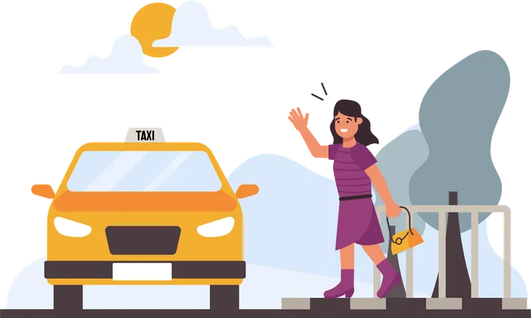 Illustration Woman Is Hailing A Taxi Designed To Increase The Use Of Public Transport This Artwork Is Ideal For Educational Materials Presentations Or Awareness Campaigns This Illustration Adds A Visual Dimension To The Public Transport Theme Illustration
