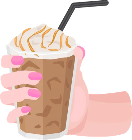 Woman hand holding cup of aromatic coffee with whipped cream  Illustration