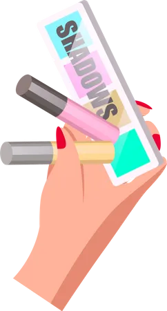 Isolated At White Background White Female Hand With Red Nail Polish Holding Shadows Palette Two Lipstick Or Lip Gloss For Making Facial Makeup Equipment Of Visagiste Cartoon Vector Simple Icon Illustration