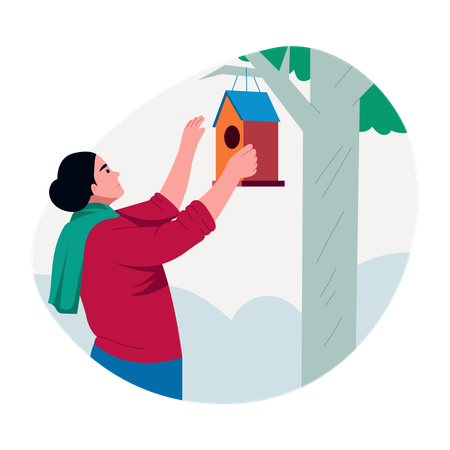 Woman Hanging birdhouse  Illustration