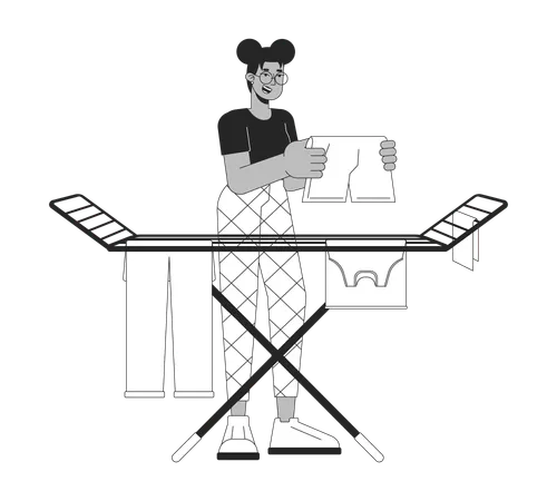 Laundry Hanging On Rack Black And White Cartoon Flat Illustration African American 2 D Lineart Character Isolated Reduce Electricity Usage Saving Energy Home Monochrome Scene Vector Outline Image Illustration