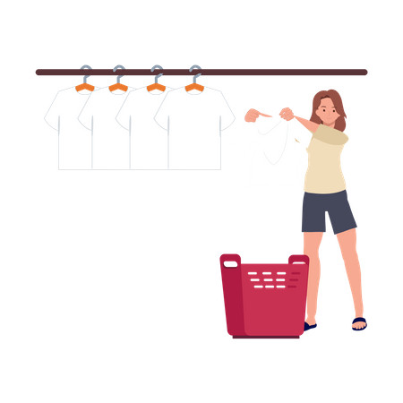 Woman hanging wet clothes out to dry  イラスト