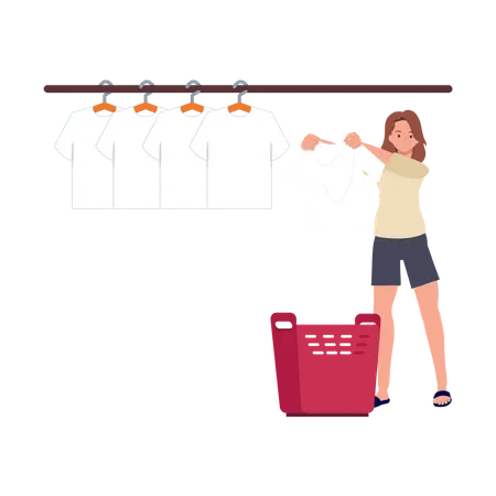 Woman hanging wet clothes out to dry  Illustration