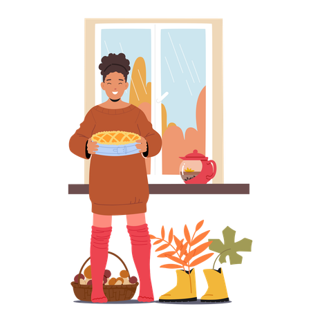 Woman Happily Holding Pumpkin Pie Indoors During Autumn  Illustration