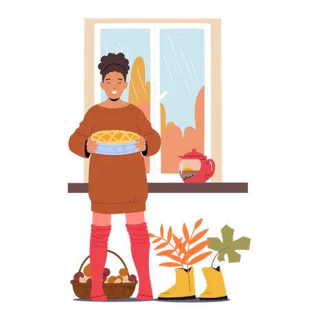 Woman Happily Holding Pumpkin Pie Indoors During Autumn  Illustration