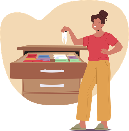 Woman Happily Organizing Clothes In Drawer  Illustration