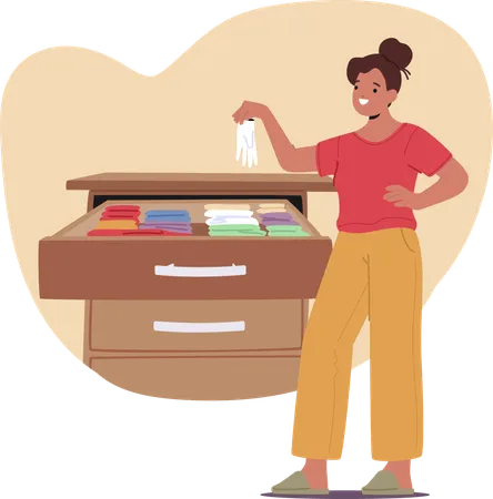 Woman Happily Organizing Clothes In Drawer  Illustration