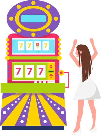Game Machine With Screen Showing Lucky Numbers Vector Isolated Woman With Sevens Gambler In Casino Playing Female Character Gambling Personage Illustration