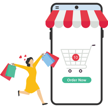 Woman happy with online shopping in mobile phones  Illustration