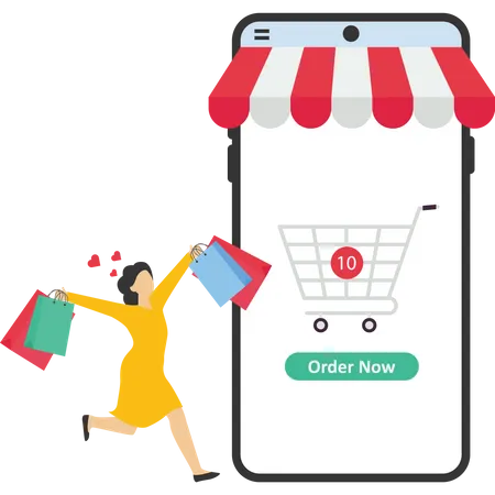Woman Happy With Online Shopping In Mobile Phones Vector Illustration In Flat Style 일러스트레이션