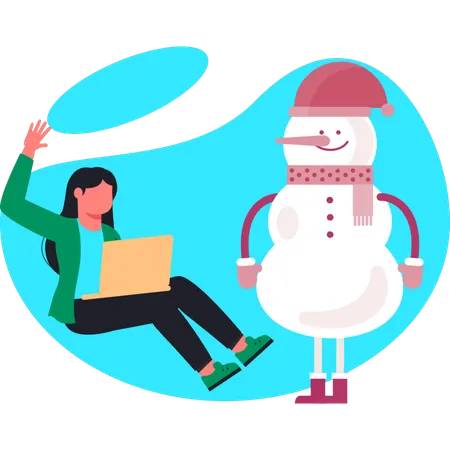 Woman happy with snowman work  Illustration