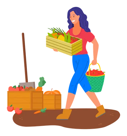 Vegetables In Wooden Containers Vector Woman Farming Agricultural Worker Smiling Lady With Apples And Carrots Tomato And Pepper Sweet Paprika Flat Style Illustration
