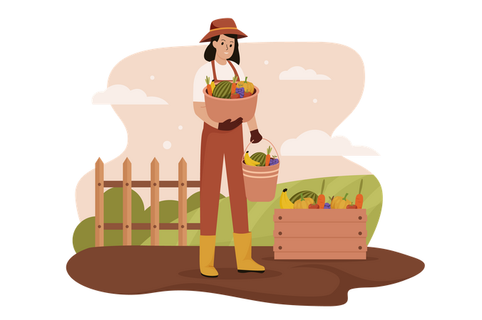 Woman harvesting at farm Illustration