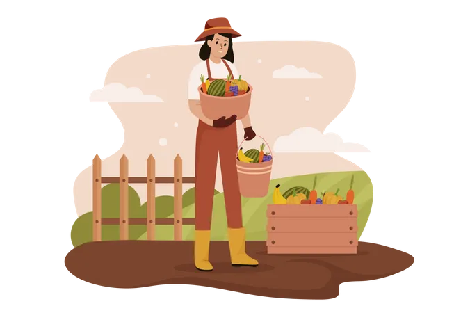 Woman harvesting at farm Illustration