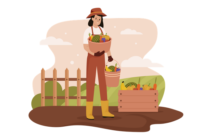 Woman harvesting at farm  Illustration