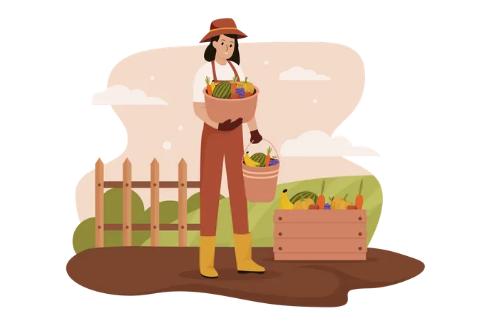 Woman harvesting at farm  Illustration