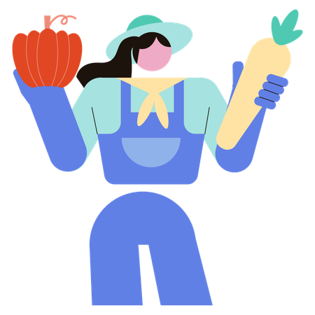 Woman harvests vegetables in her farm  Illustration