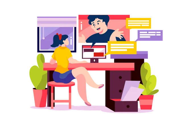 Woman has a online meeting with her partner from home Illustration