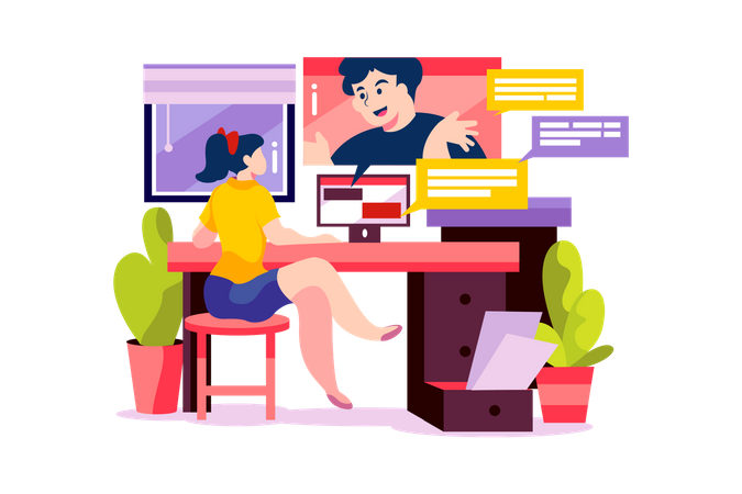 Woman has a online meeting with her partner from home  Illustration