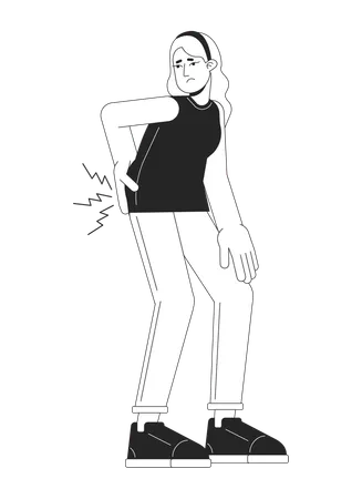 Woman Has Back Pain Flat Line Black White Vector Character Editable Outline Full Body Unhappy Traumed Woman On White Healthcare Simple Cartoon Isolated Spot Illustration For Web Graphic Design イラスト