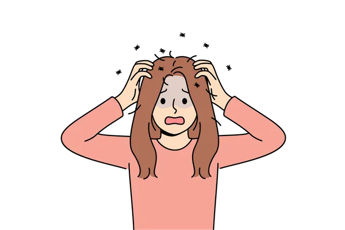 Woman has contracted lice and is itching due to lice crawling through hair and needs medication  Illustration