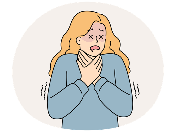 女性は健康上の問題を抱え、首を掴んで窒息し、精神疾患に苦しんでいる  イラスト