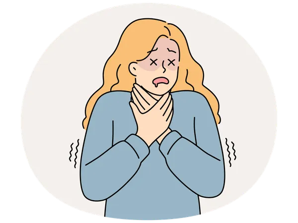 女性は健康上の問題を抱え、首を掴んで窒息し、精神疾患に苦しんでいる  イラスト
