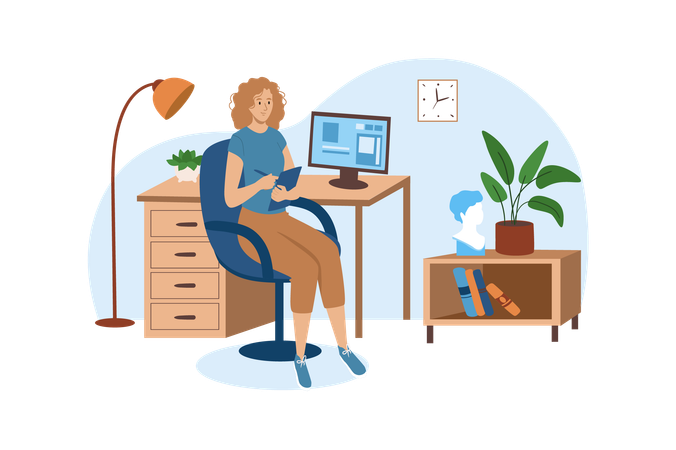 Woman has her own work place in the big office  Illustration