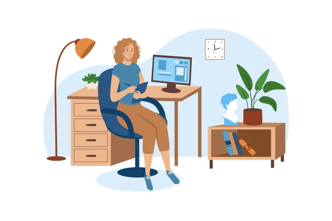 Workplace Blue Concept With People Scene In The Flat Cartoon Style Woman Has Her Own Work Place In The Big Office Vector Illustration Illustration