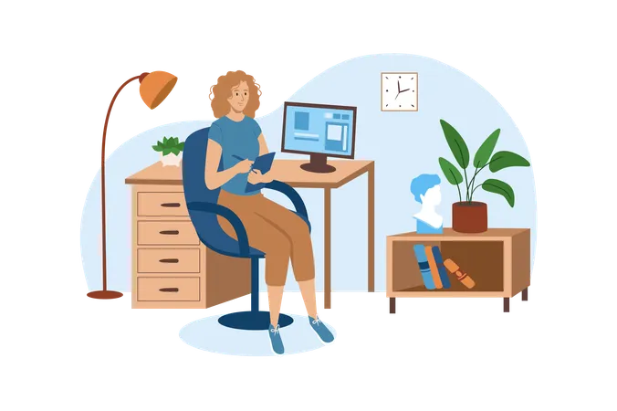 Woman has her own work place in the big office  Illustration