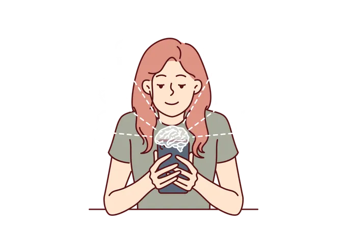 Woman With Mobile Phone Uses Artificial Intelligence Application To Schedule Or Complete Professional Tasks Concept Development Of Artificial Intelligence And Ai Applications With Chat Bots イラスト