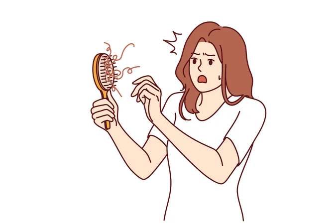Woman Learns About Problem Of Hair Loss Sees Comb And Opens Mouth In Surprise Shocked Girl Needs Remedy For Hair Loss Or Consultation With Cosmetologist Who Recommended Shampoo For Head Illustration