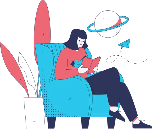 Woman have hobby of reading books in leisure time  Illustration