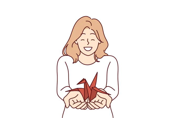 Woman With Origami Crane In Palms Wants To Draw Attention To Problem Of Wildlife And Extinction Of Animals From Red Book Positive Smiling Girl Holding Origami Bird For Creative Hobby Concept Illustration