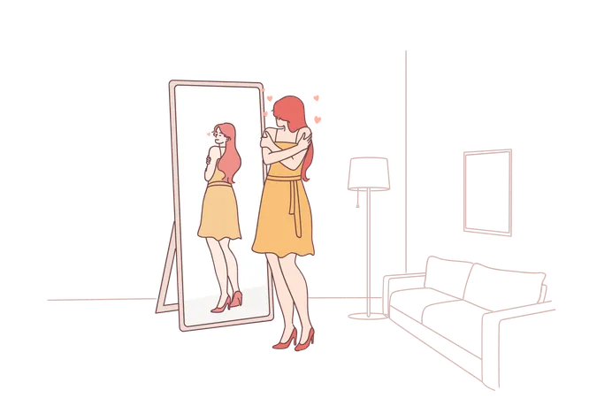 Self Love Self Esteem Concept Narcissist Woman Cartoon Character Standing At Mirror And Looking At Reflection Feeling Proud Hugging Herself Vector Illustration Illustration