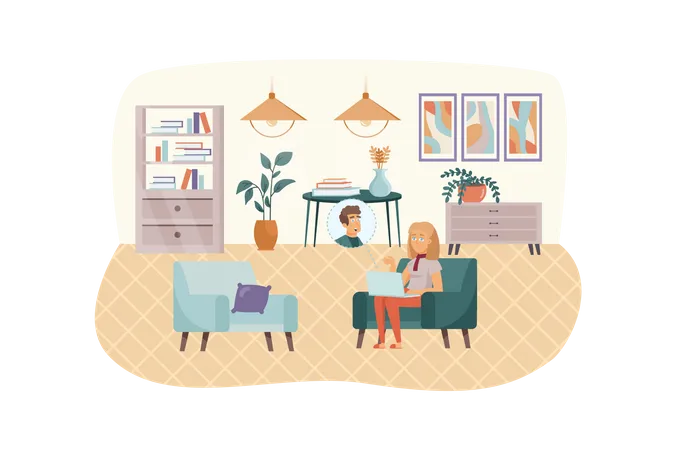 Video Conferencing At Home Scene Woman Have Video Call Meeting At Laptop Sitting At Living Room People Connect Online Technologies Concept Vector Illustration Of People Characters In Flat Design Illustration