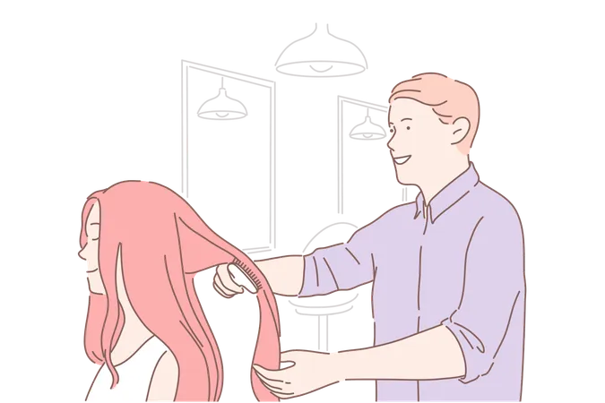 Beauty Shop Haircare Cut Concept Young Professional Hairdresser Makeup Artist Combs Client Treats Hair Competent Employee In Salon Communicates With Regular Customer During Work Flat Vector Illustration